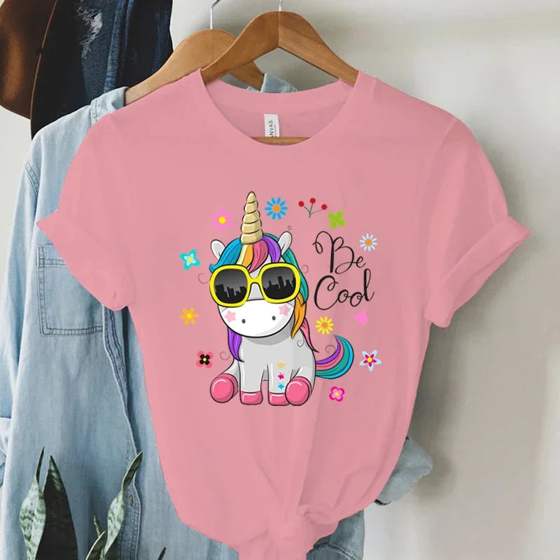 Women’s Cool Unicorn Print T-Shirt | Y2K Aesthetic Harajuku Graphic Short Sleeve Summer Top