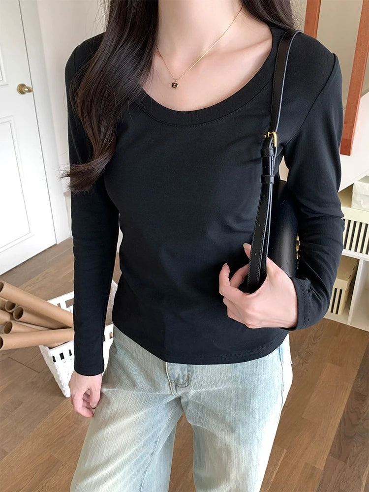 Women’s U-Neck Long Sleeve T-Shirt | Autumn Winter Cotton Slim Casual Top | Basic Solid Korean Style