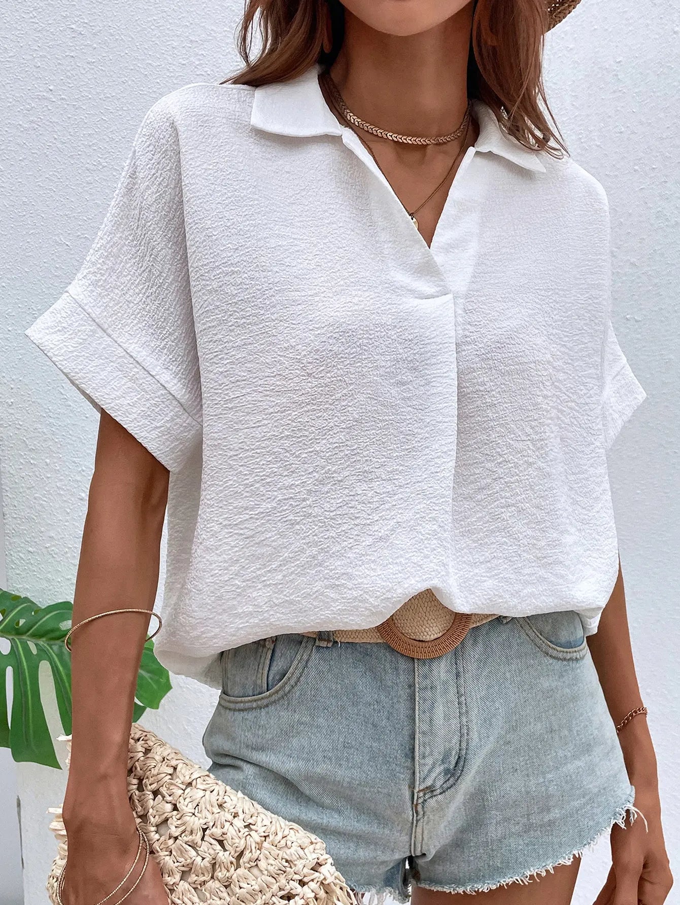 Ladies Solid Color Lapel Neck Blouse – Casual Batwing Sleeve Women Tops 👚✨