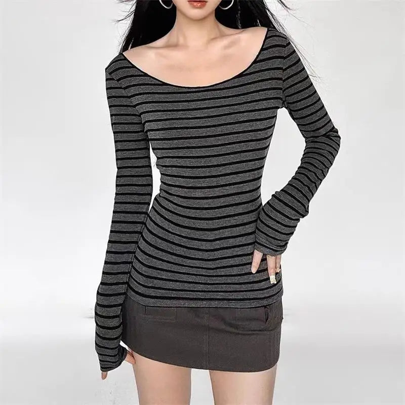 Y2K Grunge Emo Vintage Striped Off Shoulder Long Sleeve Top for Women – Black Grey Retro Goth Tee