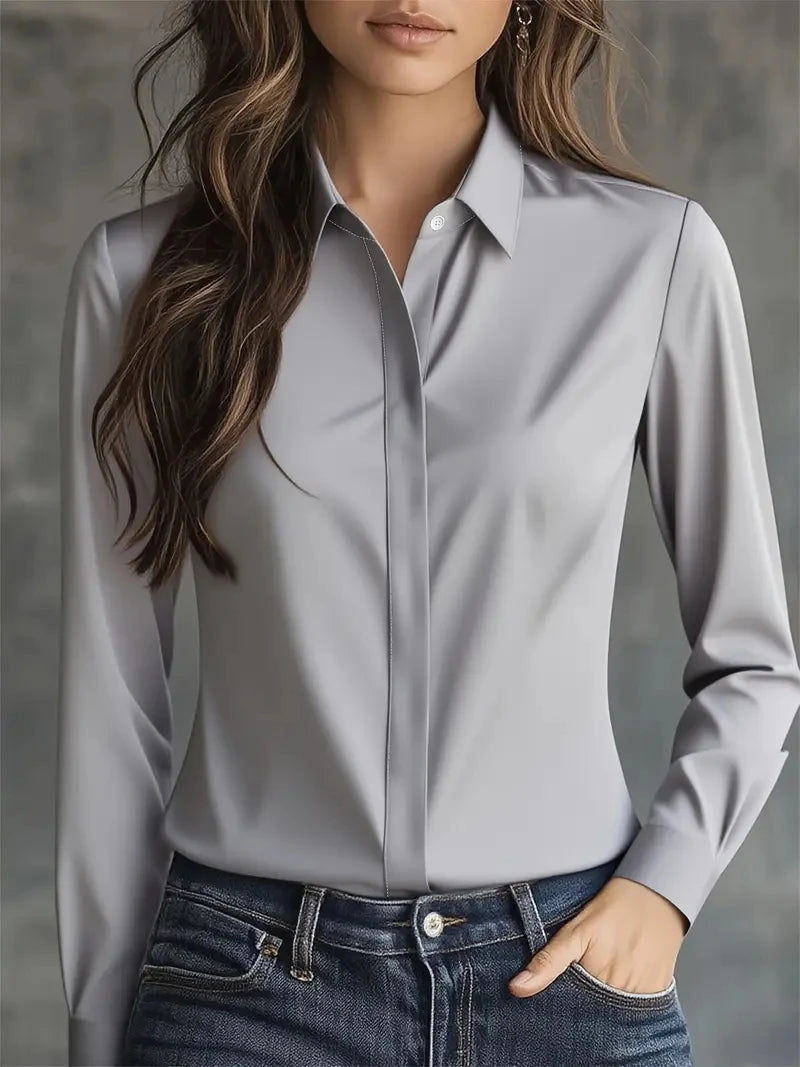 Autumn Satin Shirt for Women 🍂 Solid Color Lapel Long Sleeve Blouse ✨