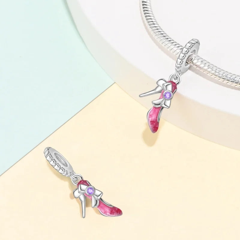 925 Sterling Silver Romantic Princess Charm Beads – Pink Dress, Lipstick & Dancing Shoes Fit 3MM Bracelet