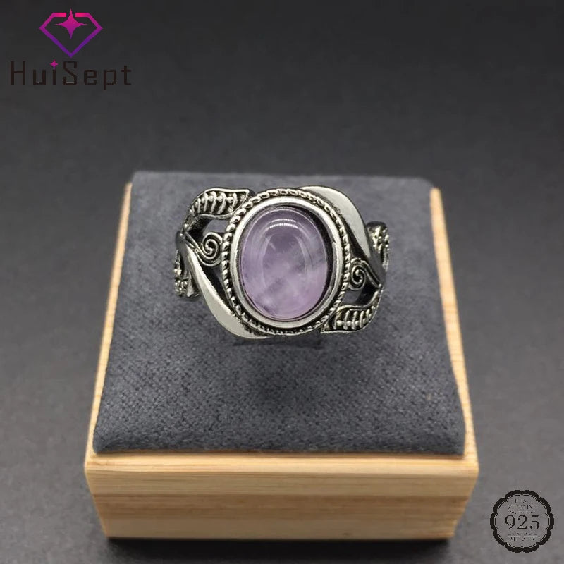 HuiSept Vintage 925 Sterling Silver Amethyst Flower Ring – Elegant Gemstone Jewelry for Women Wedding & Party Gift