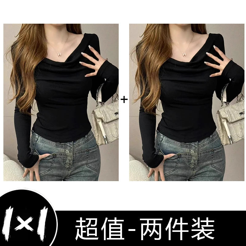 Spicy Girl One-Shoulder Long Sleeve T-Shirt for Women – Slim Fit Knitted Cotton Inner & Outer Wear Top | INS Youth Commute Style