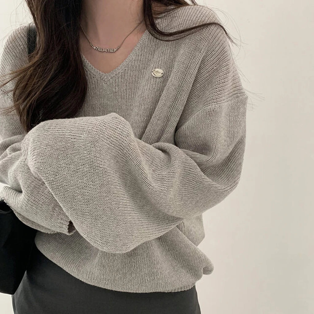 Loose Women’s Knitwear V-Neck Long Sleeve T-Shirt – Casual Comfortable Fashionable Autumn Top New Arrival