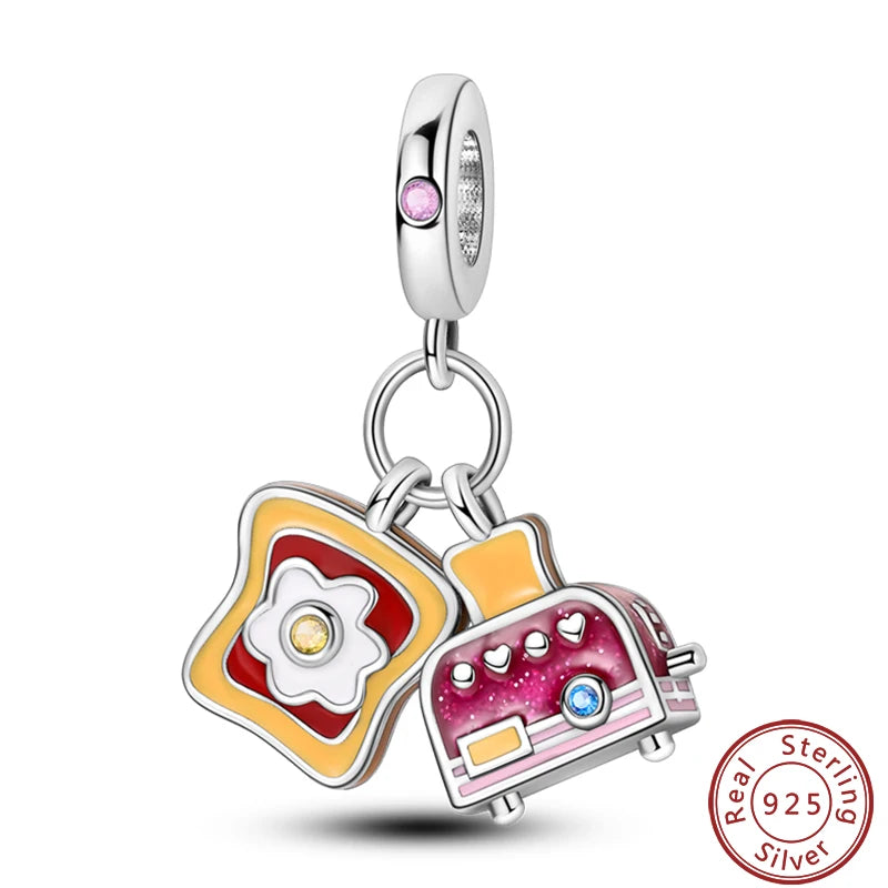 925 Sterling Silver Dessert Afternoon Tea Charm – Coffee, Cake, Pizza & Fries Beads Fit Original Pandora Bracelet DIY Jewelry