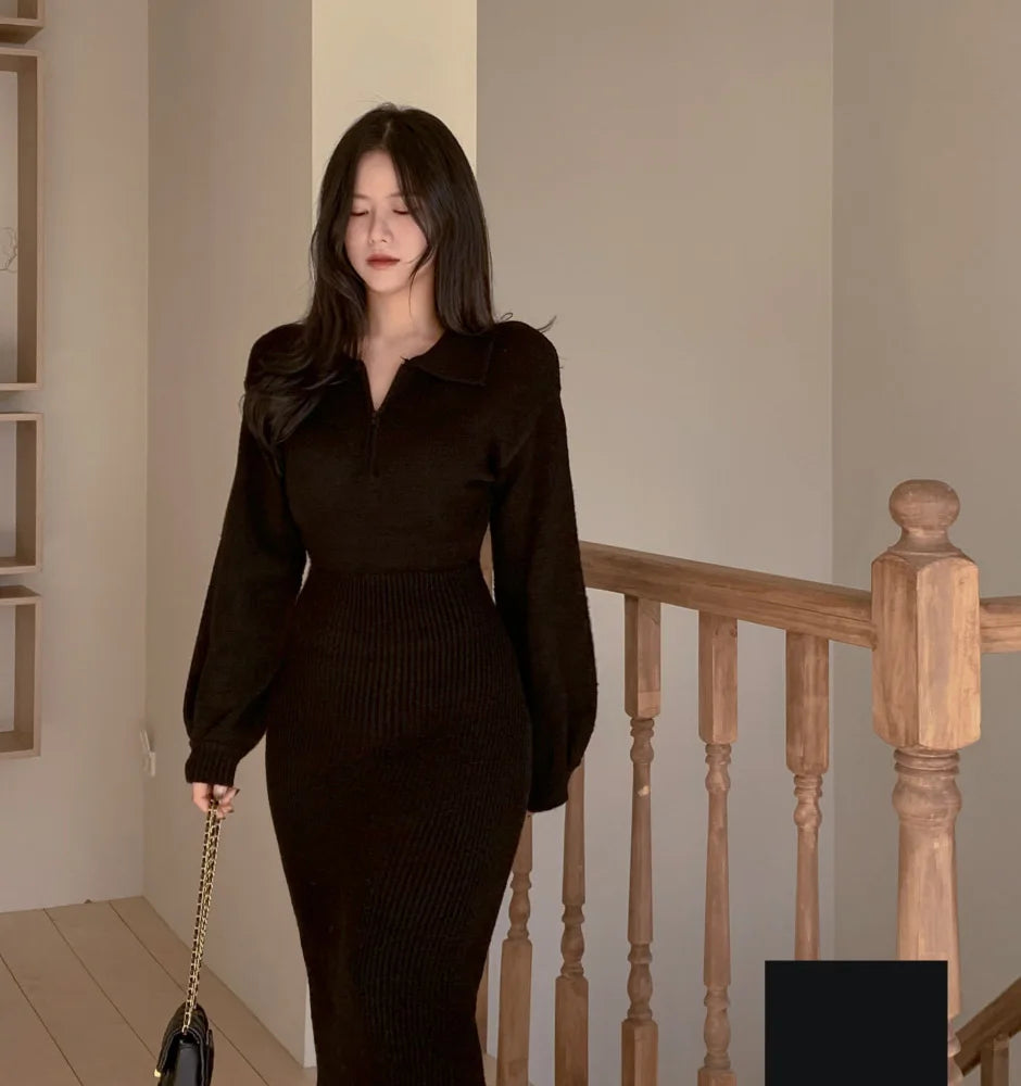 Elegant V-Neck Knitted Dress – Women's Autumn Winter High Waist A-Line Long Skirt, Soft Wrap Body Korean Style