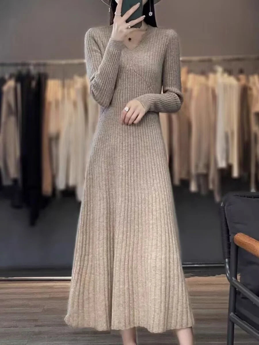 Women’s Mid-Length Knitted Camere Dress – Slimming Base Layer Over-Knee Wrap V-Neck A-Line Gown | Spring & Autumn New
