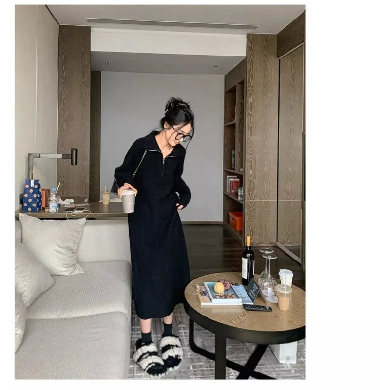 2025 Spring Autumn Knitted Midi Dress for Women | Long Sleeve Loose Fit Base Layer Straight Cut Polyester Dress