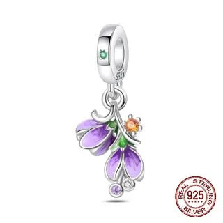 925 Sterling Silver Purple Flower & Butterfly Dangle Charm | Bead for 4MM Bracelet or Necklace DIY Jewelry Gift