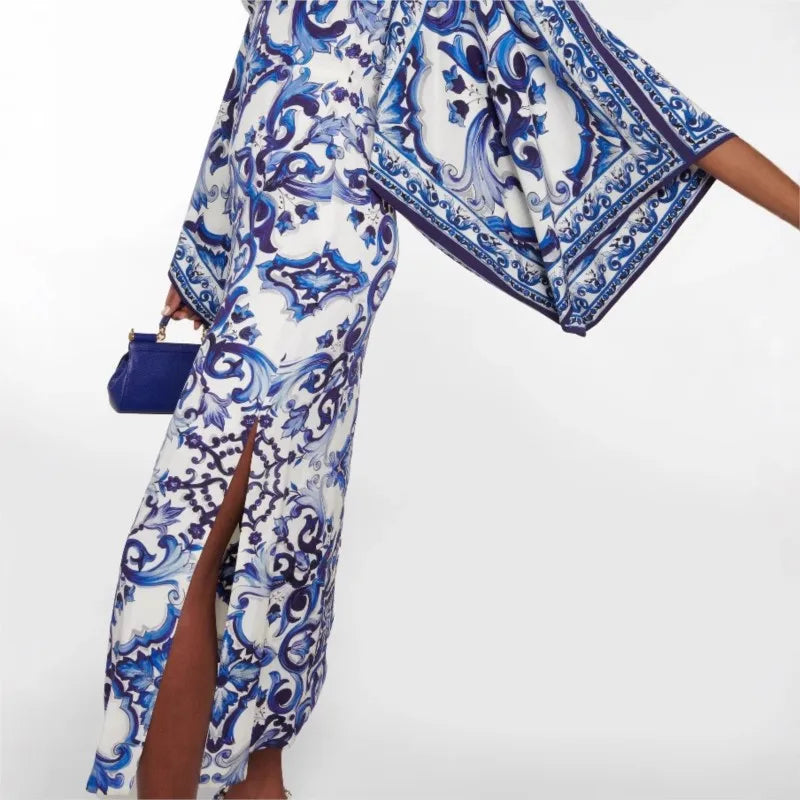New Spring O-Neck Long Sleeve Maxi Dress for Women | Elegant Loose Commuting Dress | Blue & White Porcelain Print with Side Split
