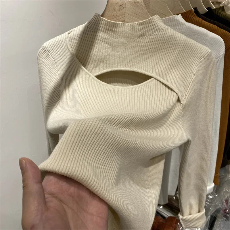 Women's Slim Knit Sweater | Autumn Winter Pullover Top | Long Sleeve Elastic Knitted Shirt for Women