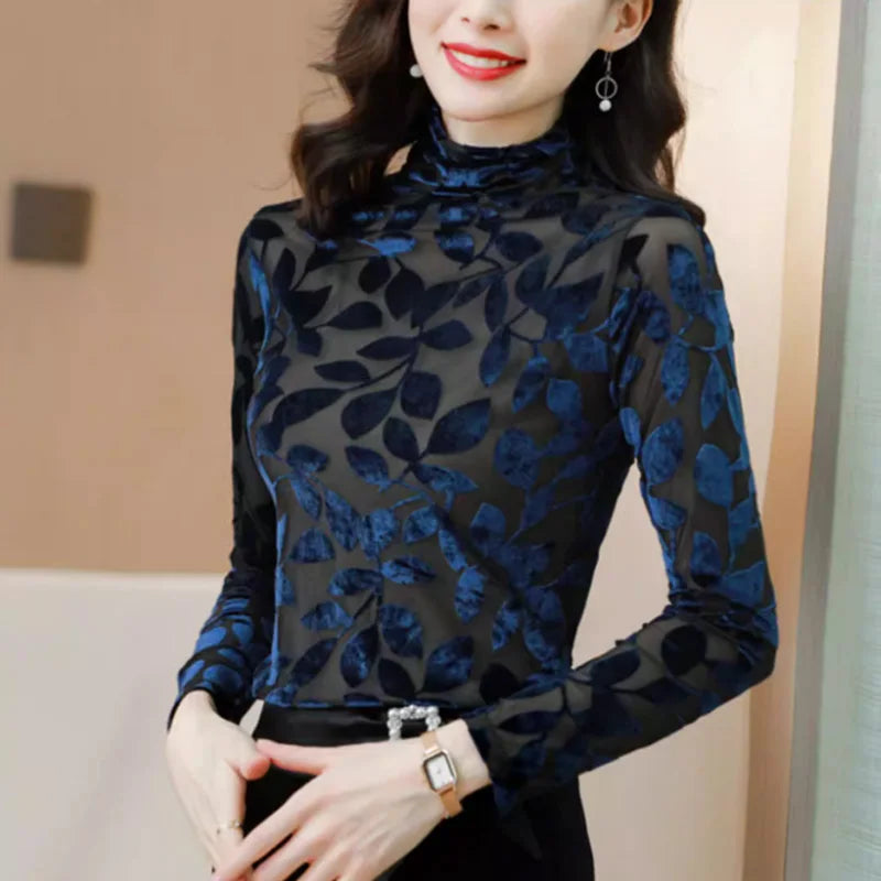 2026 Spring High Collar Women’s Mesh T-Shirt – Korean Flocking Flower Sexy Long Sleeve Top 🌸✨