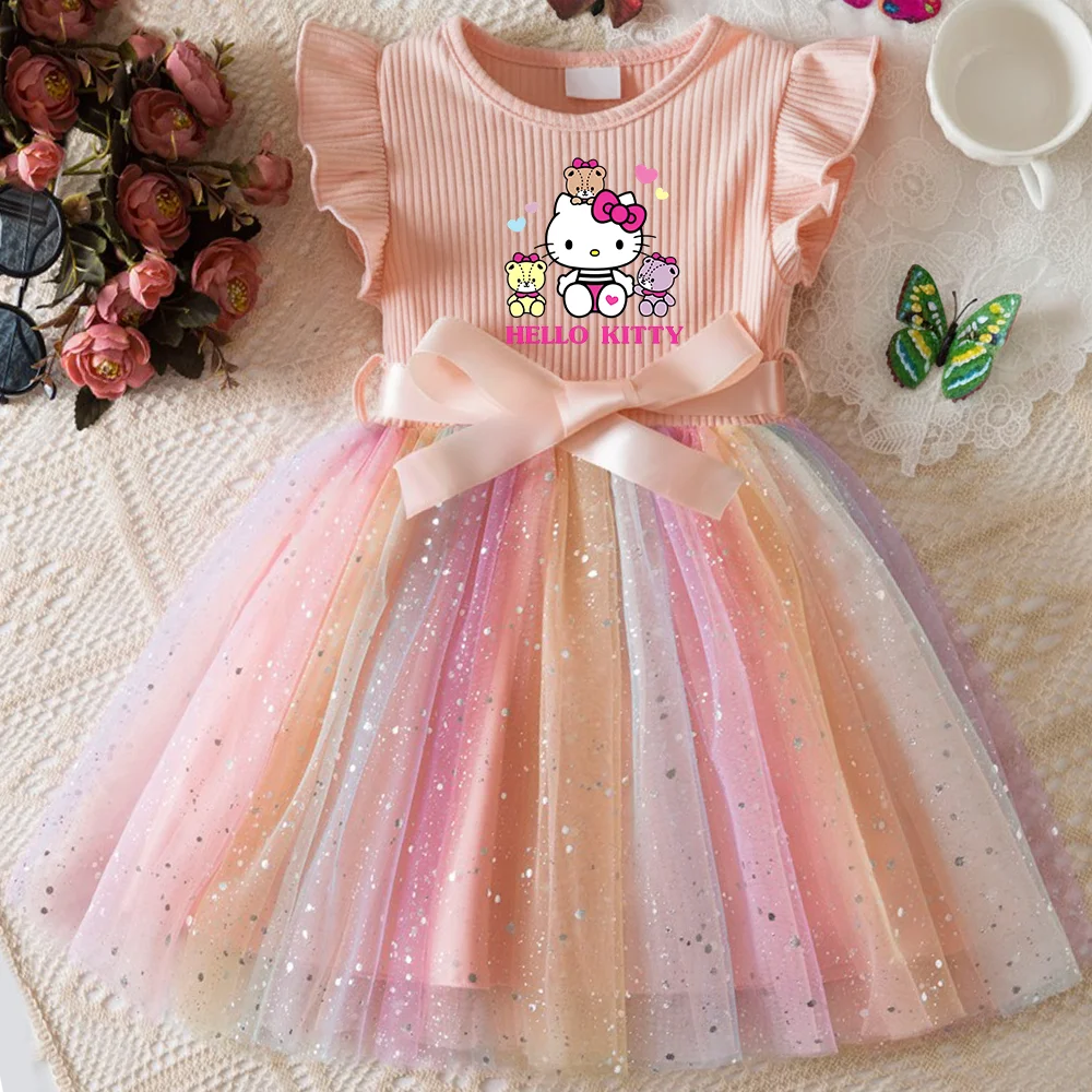 ✨ Hello Kitty Girls Sequins Dress 🎀 Rainbow Tulle Princess Dress 🌈 Toddler Birthday Party Outfit 👧 Ages 1–5 Years