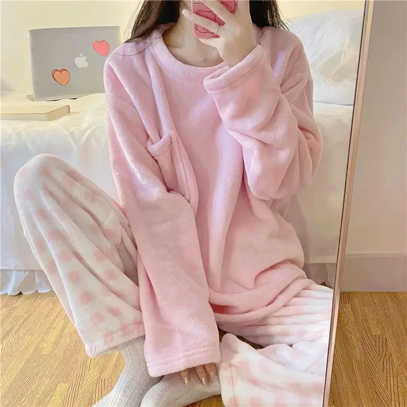 ❄️ Fleece Thick Warm Women’s Pajamas Set 🛌 Soft Winter Sleepwear | Cozy Solid Top & Plaid Pants Pijamas Home Suit ❤️