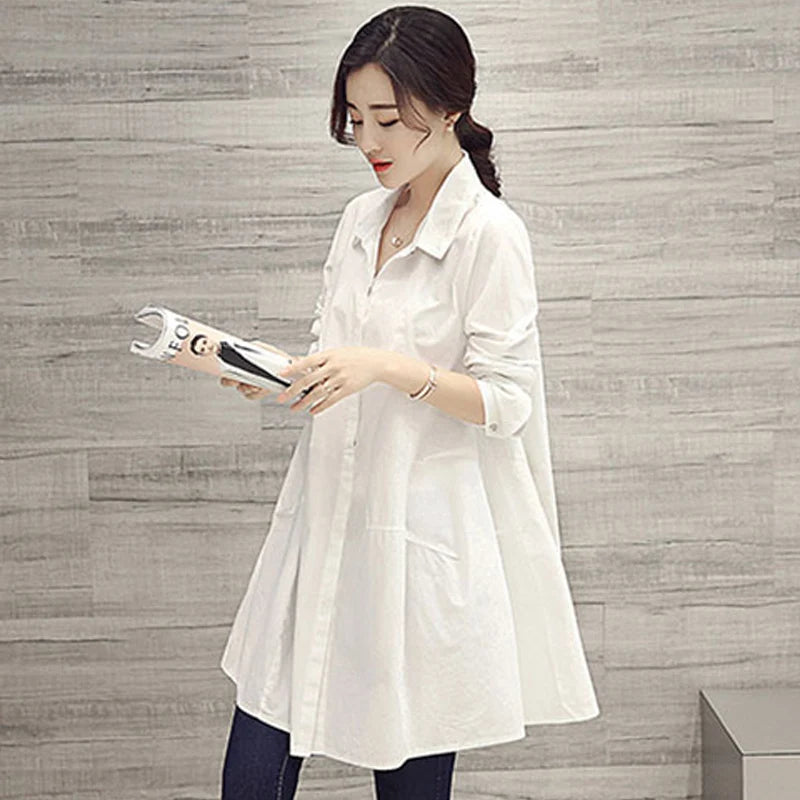 Oversized Shirts & Blouses Women – Korean Fashion 2023 Spring Summer Loose Long Sleeve White Midi Blouse 👕✨