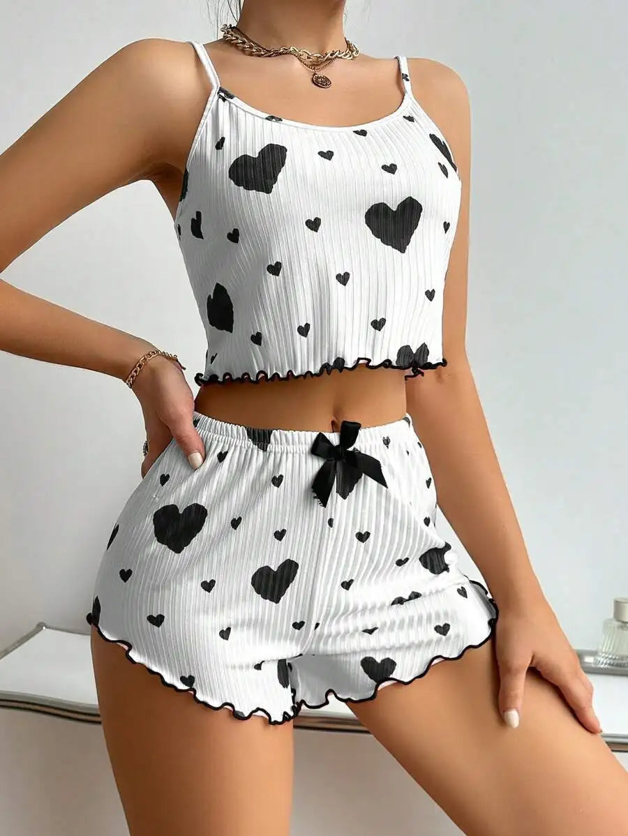 Women’s 2-Piece Pajamas Set – Short Tank Top & Shorts Sleepwear, Soft Casual Ventilated Loungewear with Love Print