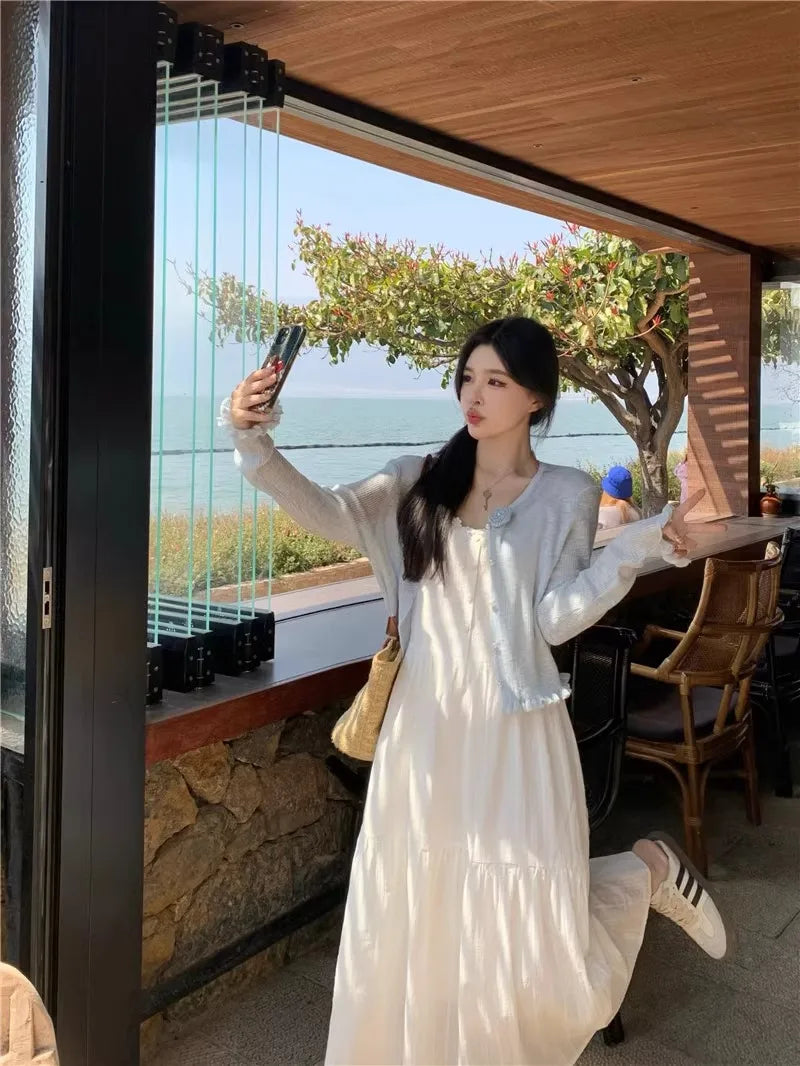 Summer 2025 Women’s Pure Cotton White Strap Dress with Long Sleeve Ice Silk Knitted Sun Protection Cardigan Set – Elegant Fashion