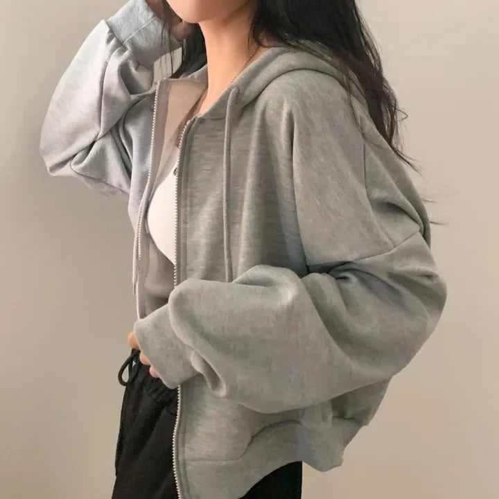 Chic Early Autumn Casual Long Sleeve Hoodie – Double Zipper Loose Versatile Cotton Pullover | Pure Color Commute Wear