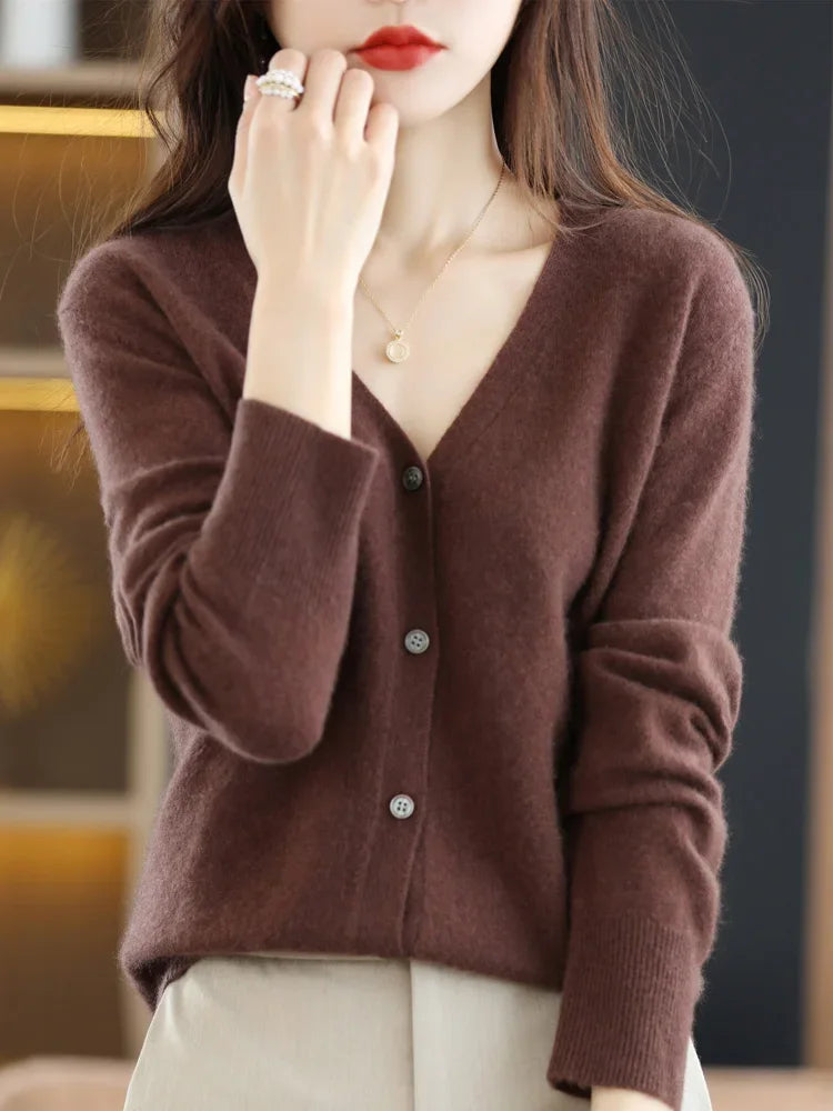 Women Cardigans V-Neck Long Sleeve Knitted Outerwear – Korean Fashion Solid Thin Spring Autumn Sweater