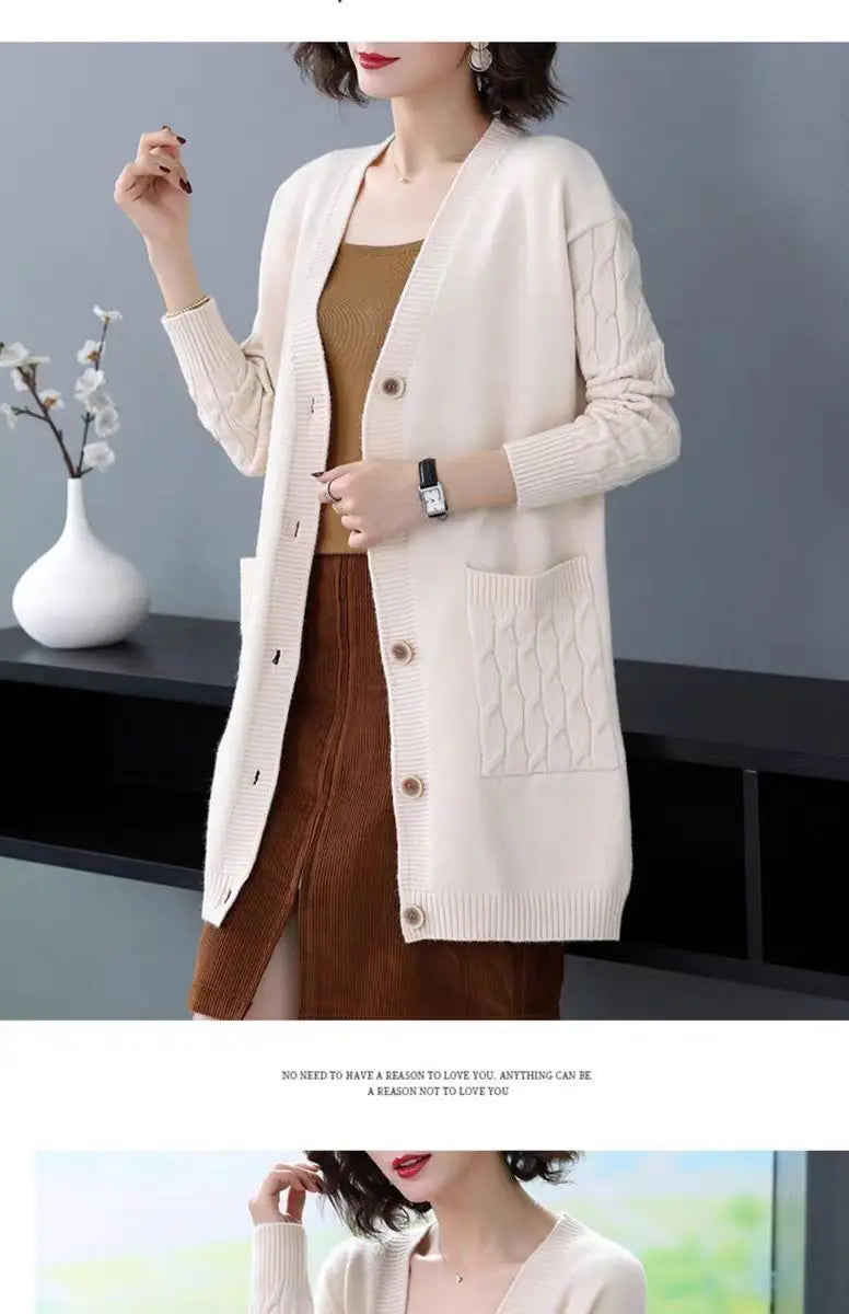 Sueter Mujer Invierno 2025 | Vintage Knitted V-Neck Cardigan | Women’s Casual Solid Sweater with Pockets