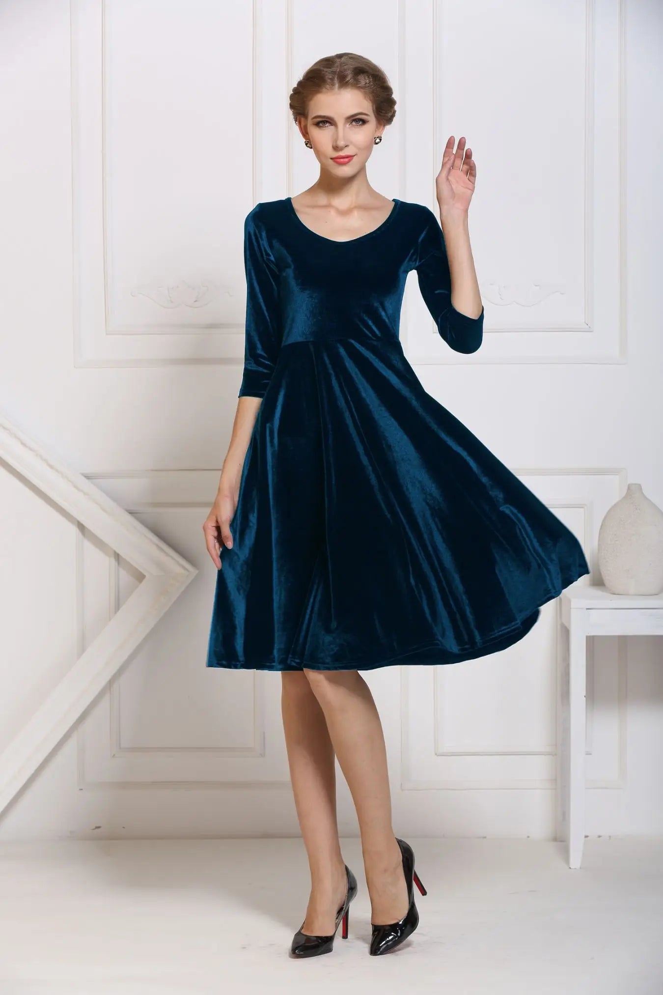2025 Autumn Winter Navy Velvet Midi Dress – Three-Quarter Sleeve Elegant Evening & Bridesmaid Dress