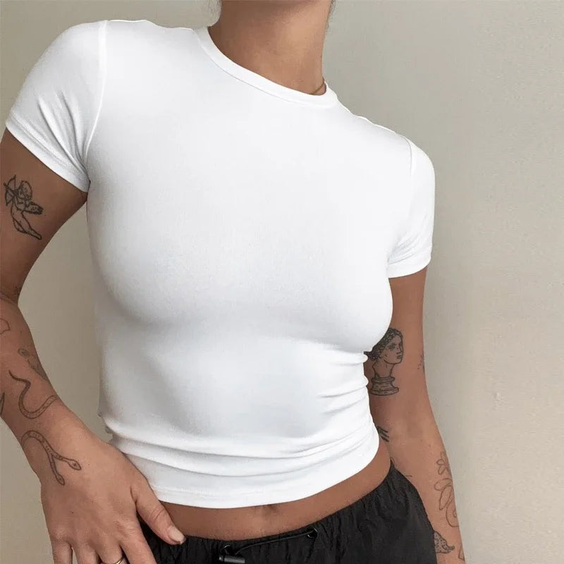 Women’s Slim Fit O-Neck Knitted T-Shirt – Y2K Streetwear Short Sleeve Sheath Tee 2024