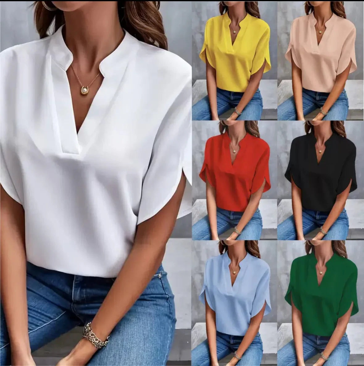 VEITCHE Summer Women Casual Solid Blouse – V-Neck Half Sleeve Office Elegant Loose Pullover Tops 🌸✨