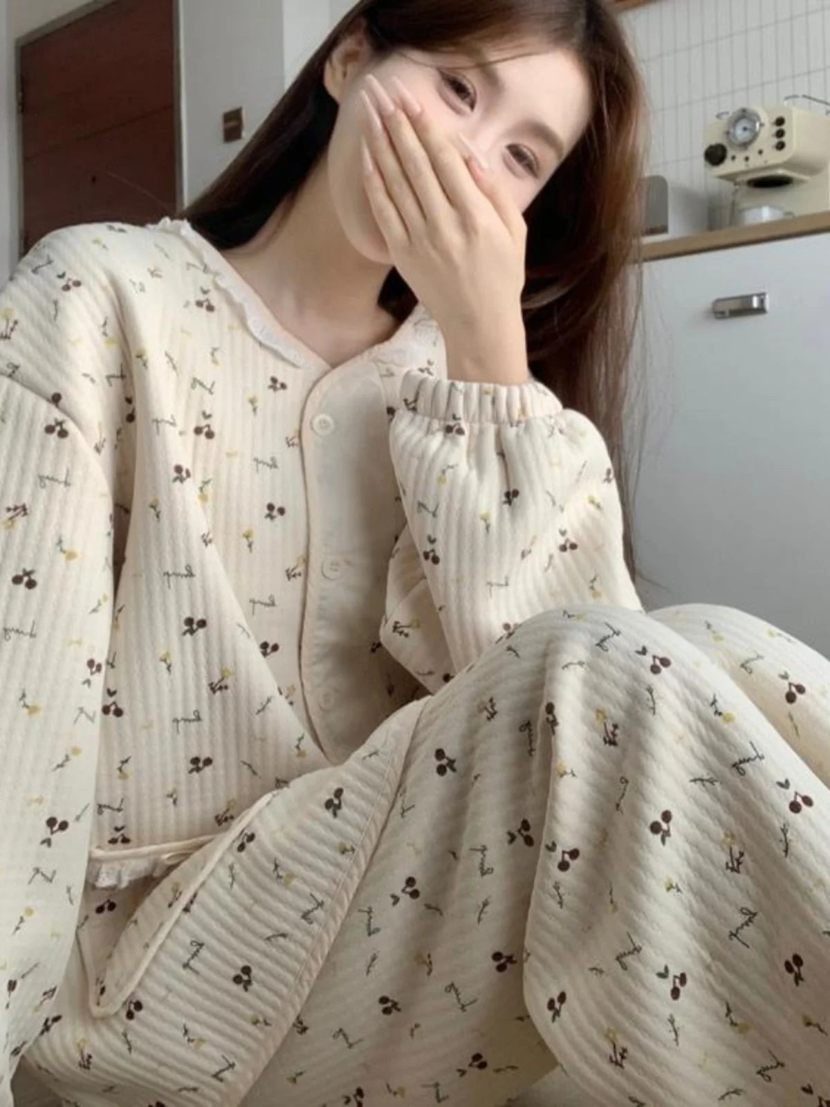 Women’s Cotton Sleepwear Set – Fleece-Lined Floral Print Long Sleeve Round Neck Home Leisure Suit