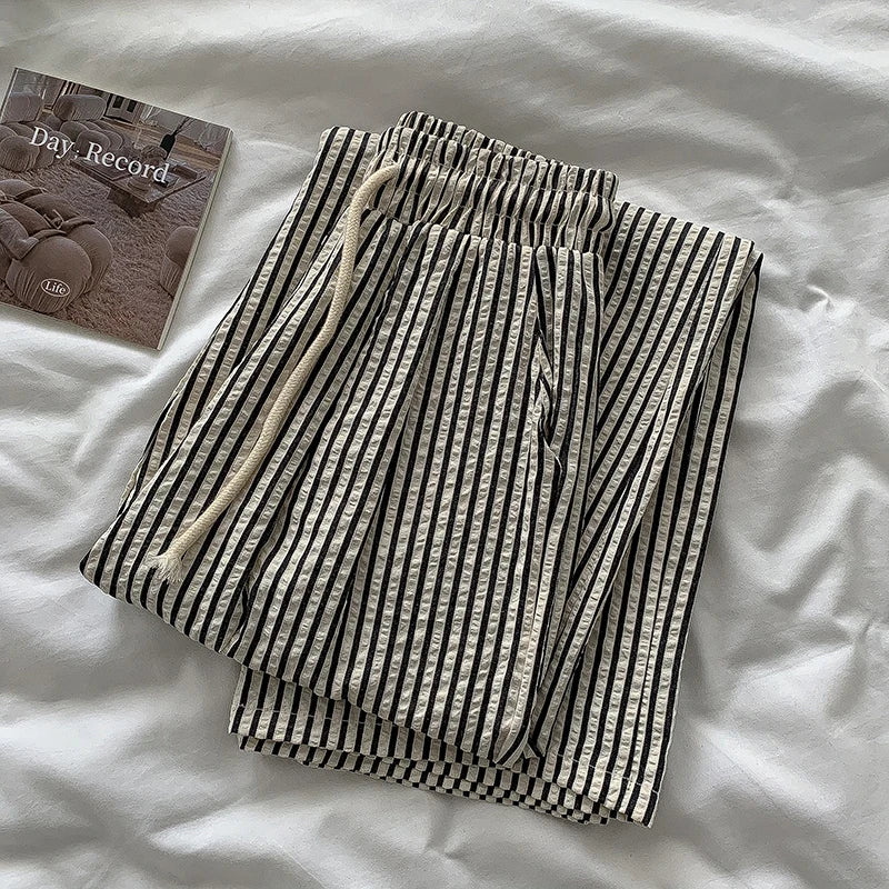 Korean Striped Drapey Casual Pants for Women | High Waist Thin Straight Trousers | Summer Versatile Long Pants