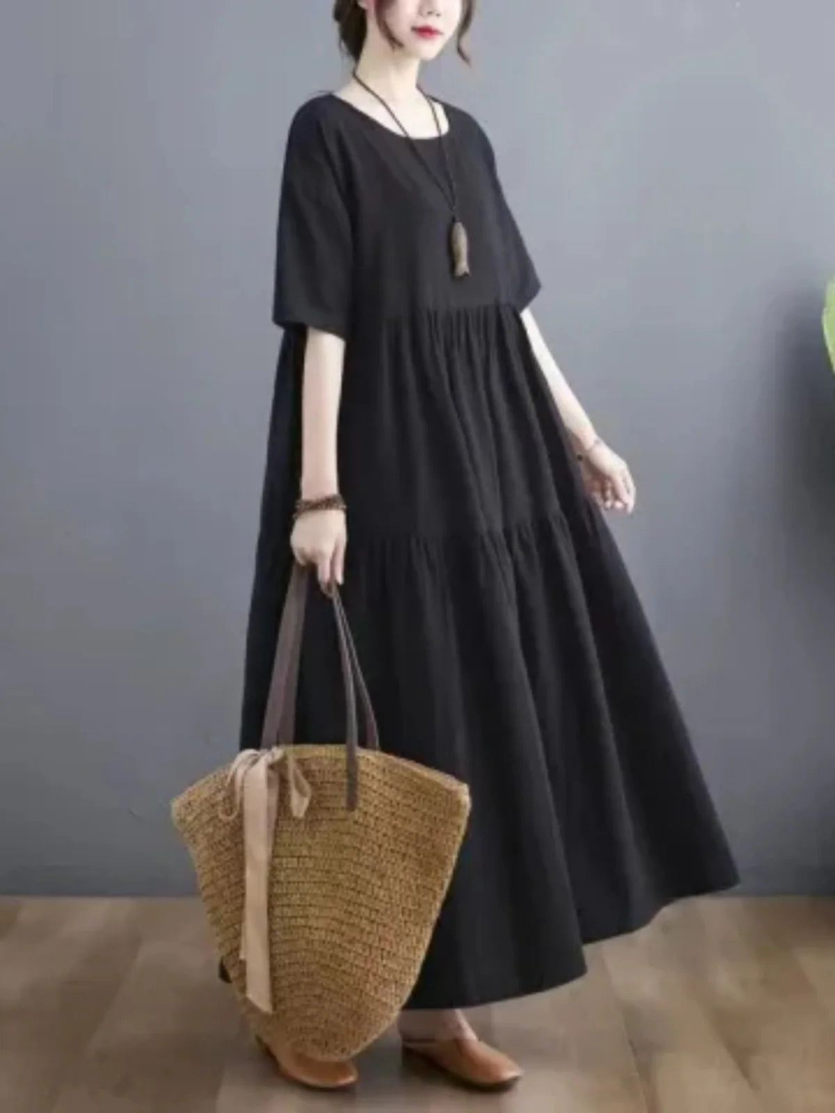 Cotton Linen Midi Dr Slimming A-Line Skirt High Waist Concealing Belly Summer New Sle Artistic Mid-aged And ly Wome...