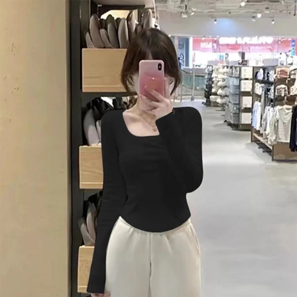 Women's Fleece-Lined Long Sleeve T-Shirt ❄️ Sweet Slim Fit U-Neck Top 👚 Autumn Winter Warm Fashion