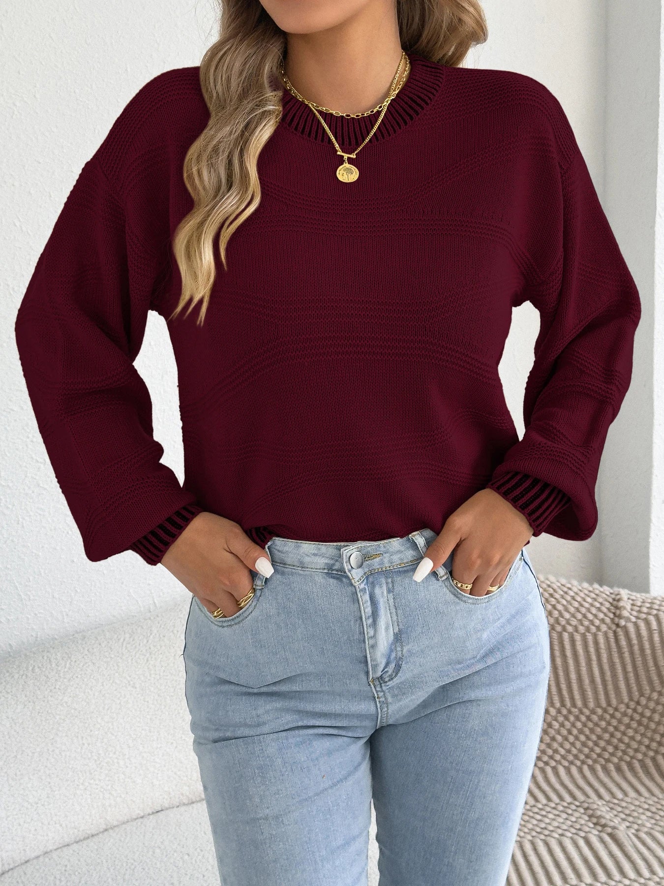 2025 Women’s Autumn Winter Round Neck Striped Sweater – Lantern Sleeve Knitted Pullover