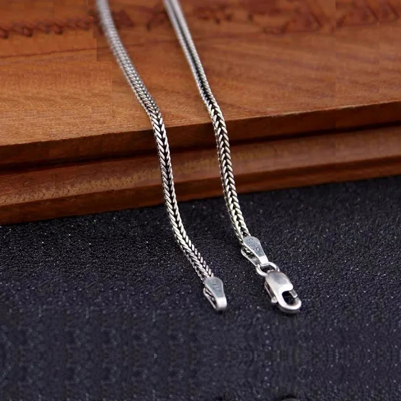 Real S925 Sterling Silver Foxtail Necklace for Men – 1.6mm Solid Snake Bone Chain Vintage Jewelry