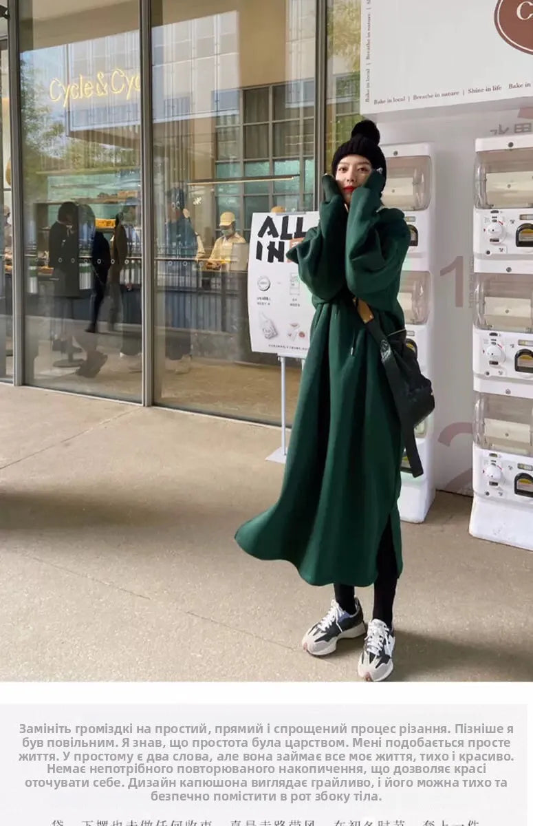 🔥 Plus Size Fleece-Lined Hooded Long Dress for Women 👗❄️ Thick Warm Winter Casual Slimming Korean Style Hoodie Dress ❤️