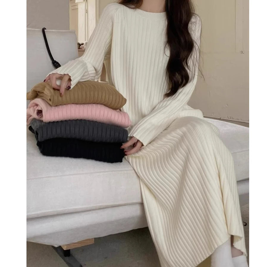 Plus Size Women’s Mid-Length Dress – Casual Round Neck Long Sleeve A-Line H-Line Skirt for Autumn Winter