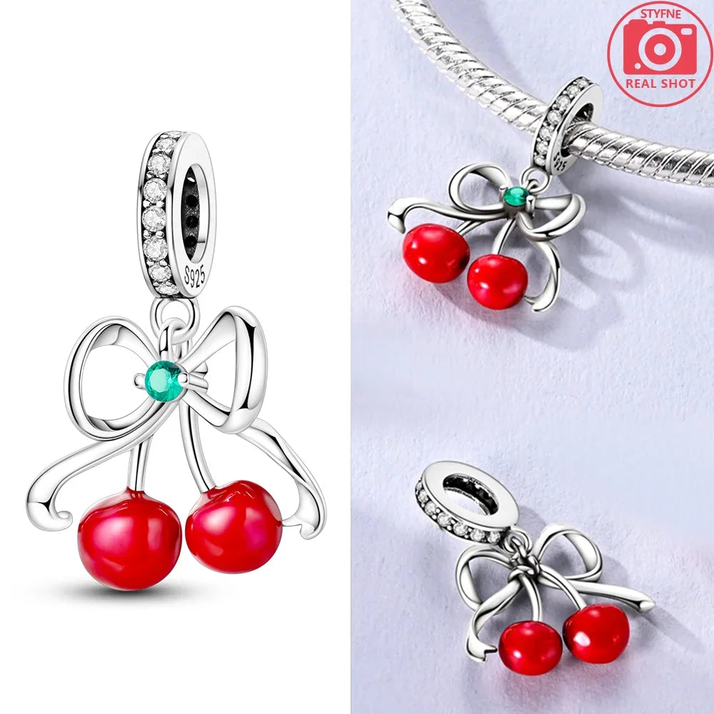 925 Sterling Silver Red Cherry Girl Polka Dot Matryoshka Charms | Bow Beads Fit Original Bracelet DIY Jewelry Gift for Women