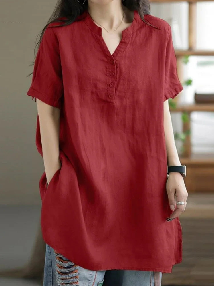 2024 Summer Cotton & Hemp Women’s Shirt – Casual Commuting Short Sleeve Half-Open Top 🌿👚