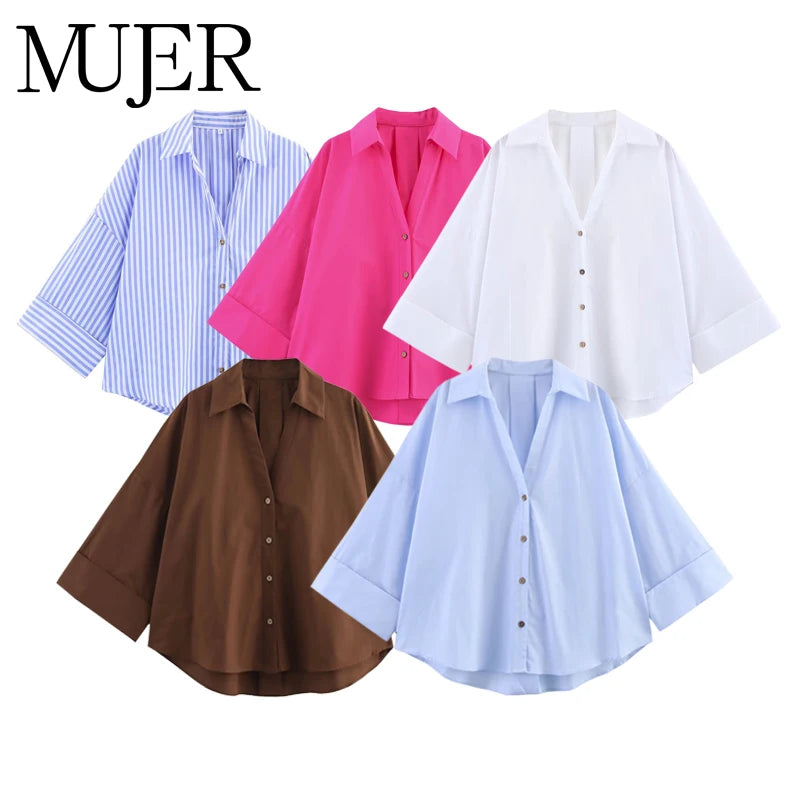 MUJER 2025 Oversized Striped Shirt for Women – Casual Wide Sleeve White Blue Summer Blouse Trendy Loose Top 👕✨