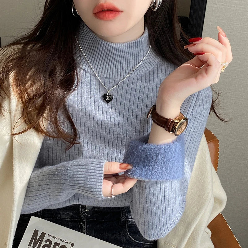 Women’s Turtleneck Sweater Winter 2025 – Retro Velvet-Lined Thick Thermal Knitted Bottoming Shirt | Warm Inner Wear Pullover