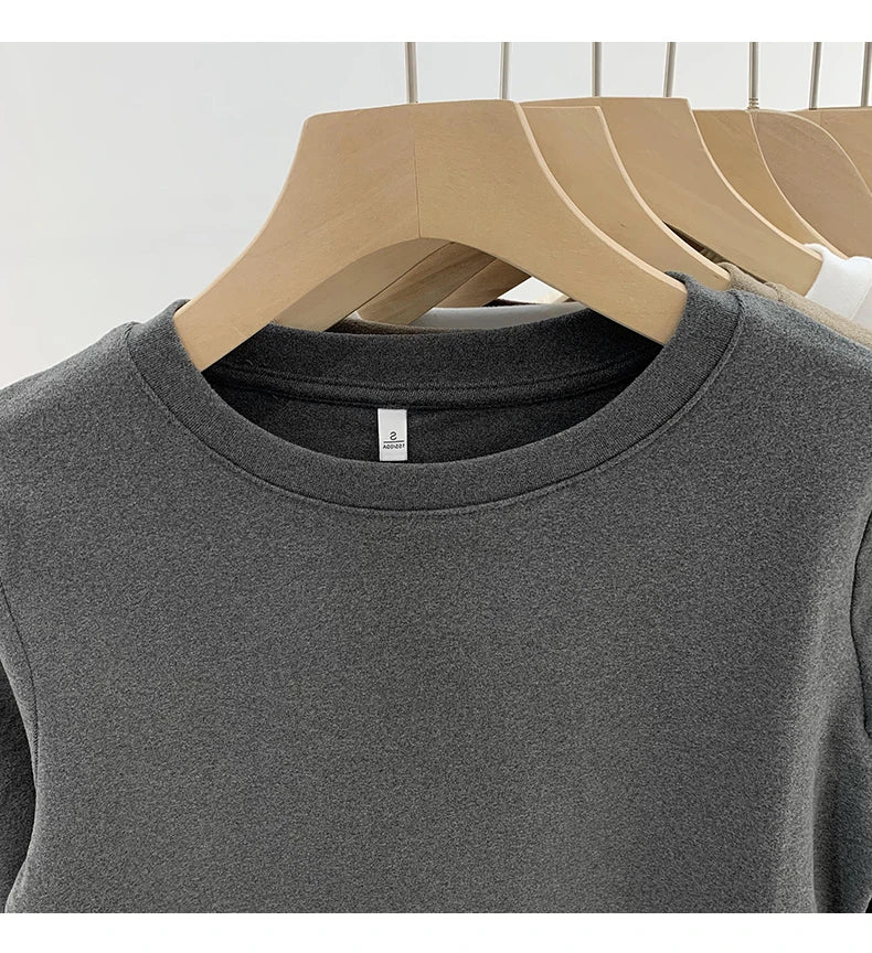 Women’s Winter Thickened Fleece-Lined Round Neck Long Sleeve Base Shirt | Slim Fit Solid Color Thermal Inner Wear Top