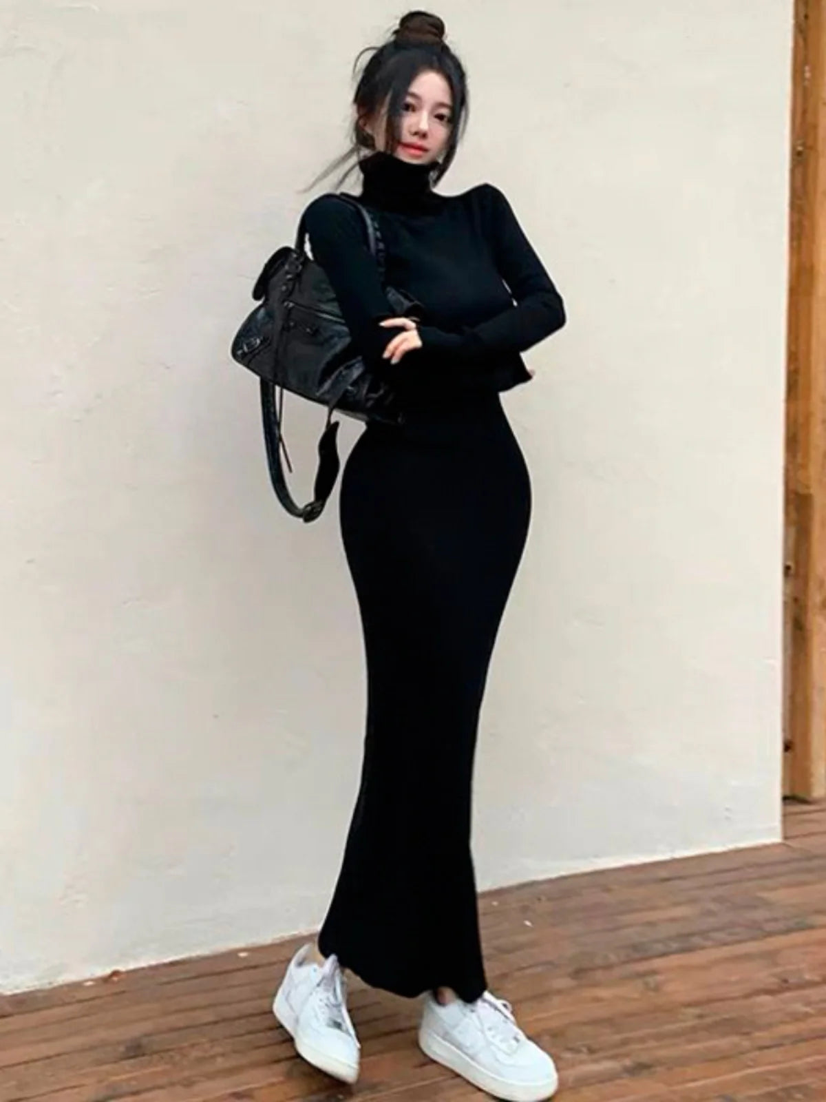 Slimming Black Long Sleeve High Collar Bodycon Dress – Tight Base Layer Wrap Skirt | Women’s Fashion Spring Autumn