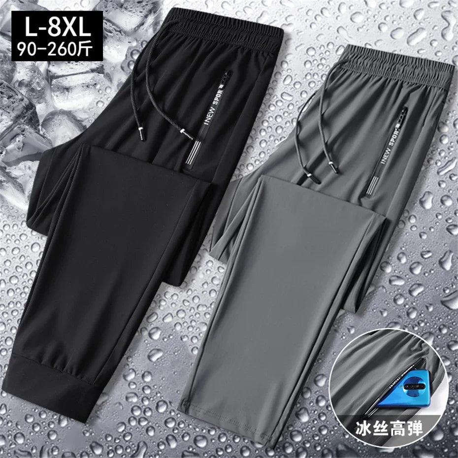 2024 Men’s Plus Size Summer Cool Pants | 7XL–8XL Stretch Sweatpants | Casual Lightweight Trousers in Black & Grey