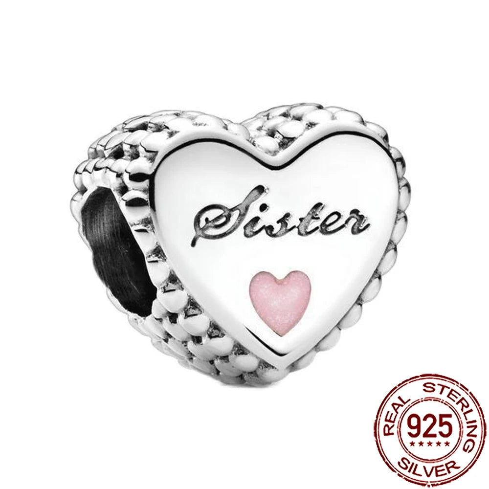 2025 New 925 Sterling Silver Heart Charm Sister Mother Daughter Beads Fit Pandora Bracelet