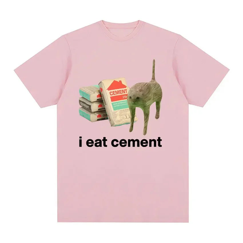 “I Eat Cement” Cursed Cat T-Shirt | Funny Meme Women’s Short Sleeve Casual Top