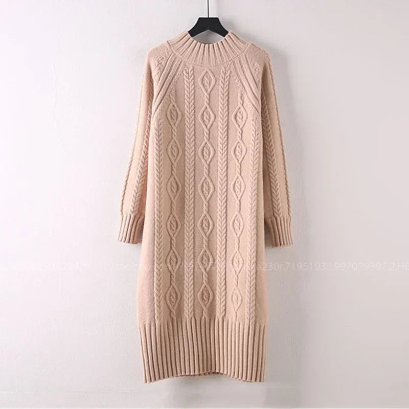 Winter Thicken Plus Velvet Sweater Dress for Women – Fall Mock Neck Rib Knit Midi Dress | Elegant Warm Vestido with Coats