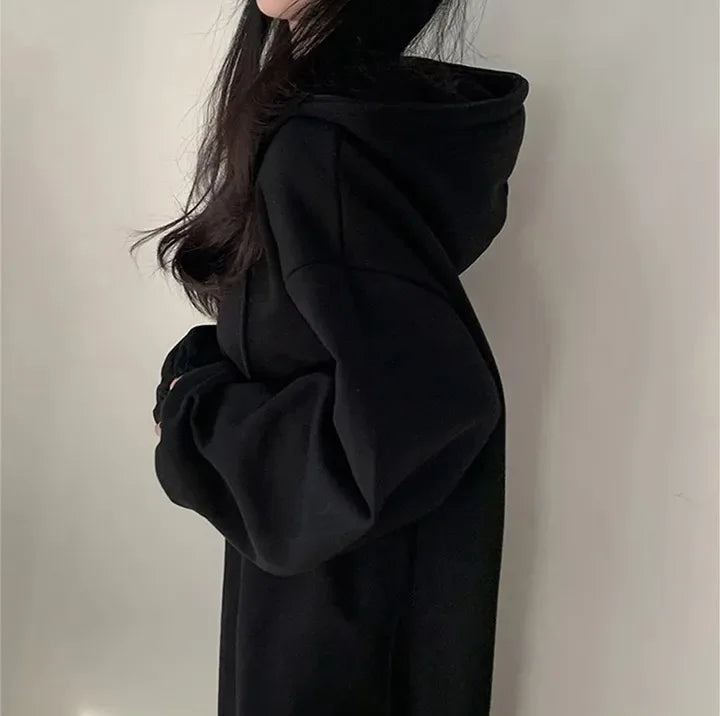 Chic Winter College Long Hoodie Dress ❄️ Lazy Fleece A-Line Side Slit Dress 👗 Pure Color Polyester Fiber 🧵