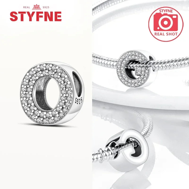 925 Sterling Silver Alphabet Letter Charm Beads with Shiny Zircon – A-Z Initial Beads for Pandora DIY Bracelet & Women’s Jewelry