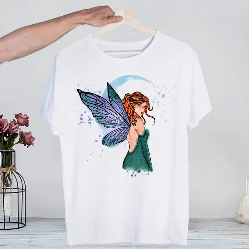 Butterfly Fairy Graphic T-Shirt | Women’s 90s Trend White Short Sleeve Tee | Casual Printed Top