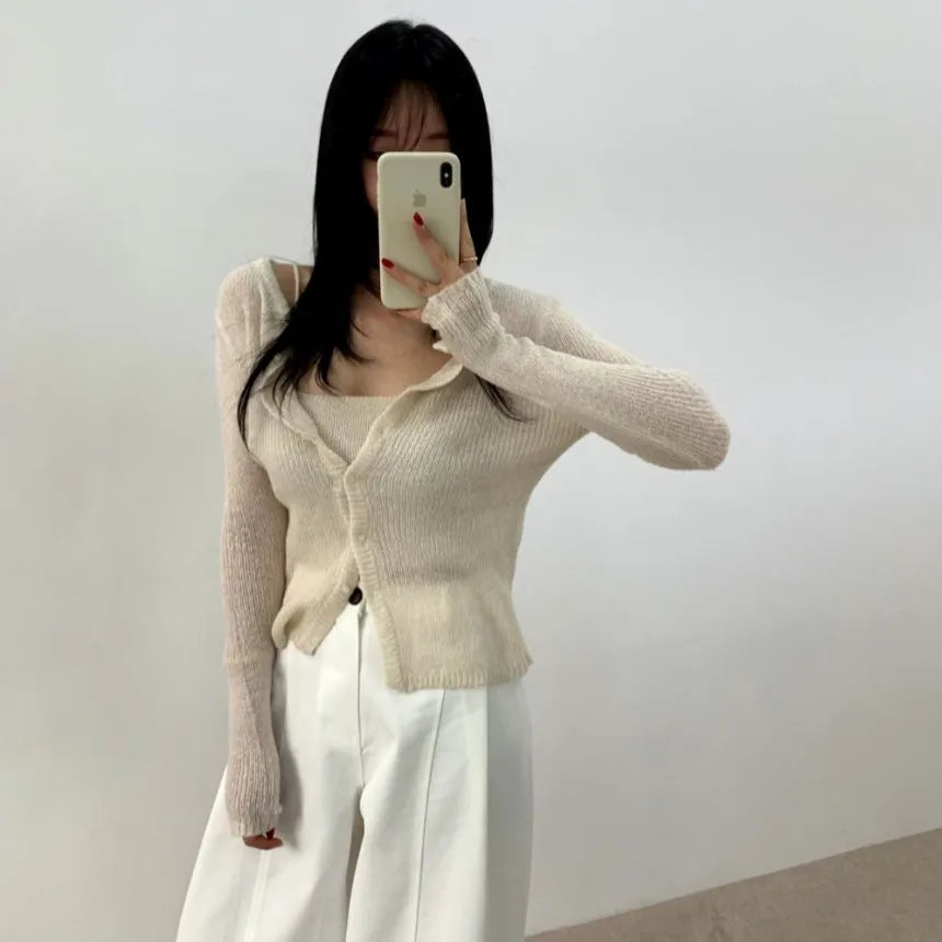 Simple round Ne Button up Knit Sweater Strap Set Casual Sle Polyester Fiber Open Cardigan for Women Autumn Winter ential